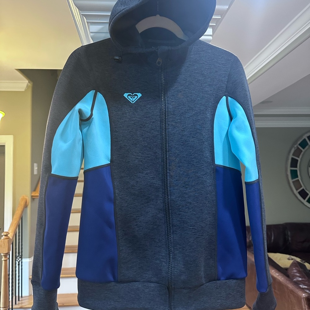 Roxy Hooded Long Sleeve Neoprene Jacket in Charcoal with Aqua and Navy Panels